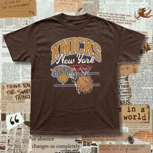 Brown  York Knicks Basketball Tee With Basketball Going Through A Net Graphic